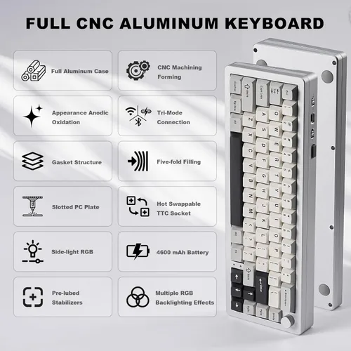 Vista 2 de YUNZII Teclado mecánico inalámbrico AL66, CNC de aluminio completo, control de perilla del 65%, Bluetooth2.4Gcableado, interruptores prelubricados