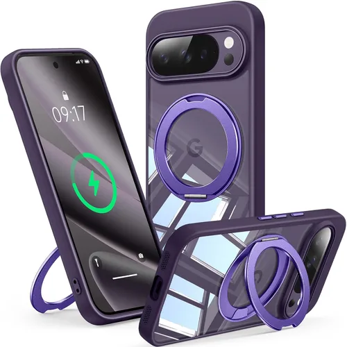 Vista 60 de 【Soporte magnético giratorio de 360°】 Funda para Google Pixel 9 【Compatible con MagSafe y Pixelsnap】 Funda con soporte de anillo 【Cristal Negro