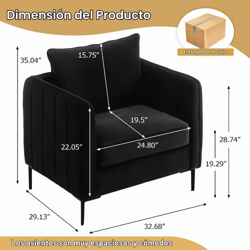 Vista 3 de Sillas de Acento de Terciopelo Negro para Sala de Estar, Silla de Acento Moderna Tapizada Cómodo Sillón de Terciopelo con Cojín Grueso y Marco