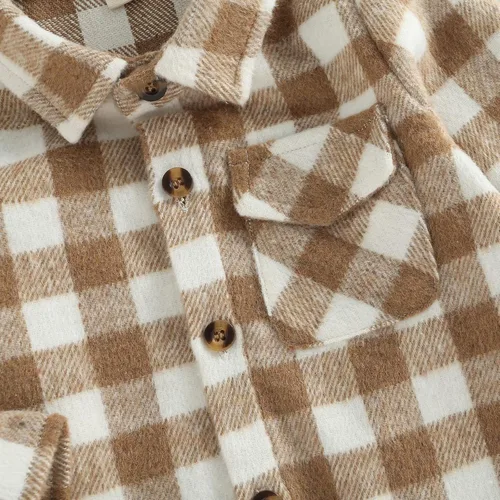 Vista 6 de AEEMCEM Chaqueta de franela a cuadros para bebés, niños y niñas, de manga larga, con solapa, con botones, con bolsillos, chaqueta tipo cárdigan