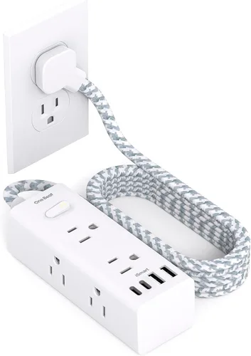 Vista 14 de One Beat Cable de extensión corto de 1 pie, regleta de alimentación de enchufe plano, 6 salidas amplias con 3 puertos USB (1 USB C), regleta