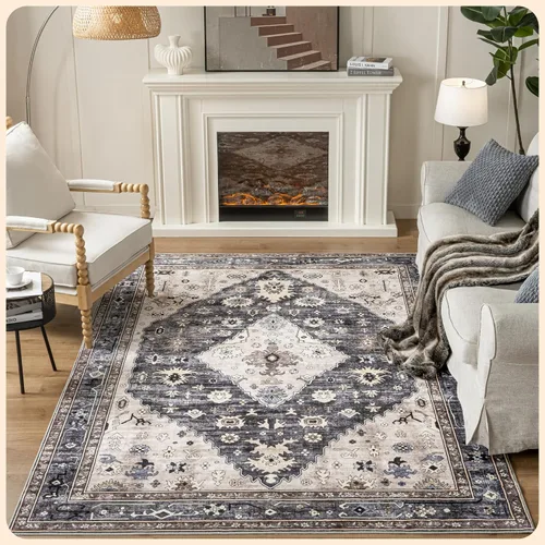 Vista 172 de Istana Alfombra larga antideslizante de 2.5 x 8 para el hogar, para pasillo y cocina, lavable, sedosa y suave al tacto, elegante, color azul y marfil