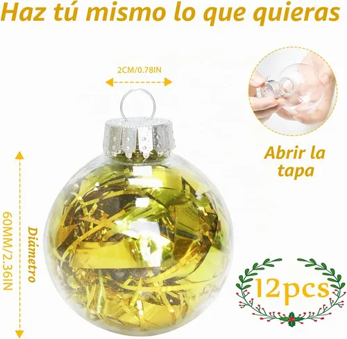 Vista 6 de 12 piezas de 60 mm Adornos de bolas de Navidad transparentes de plástico, 2.36'' redondas, de plástico transparente rellenables, DIY