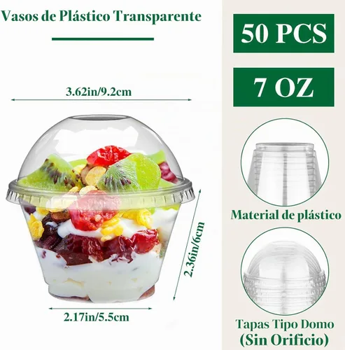 Vista 2 de Juego de 50 vasos de plástico transparente de 7 onzas con tapas de cúpula (sin agujero), tazas de postre Clear Plastic Dessert Cups, Ice Cream