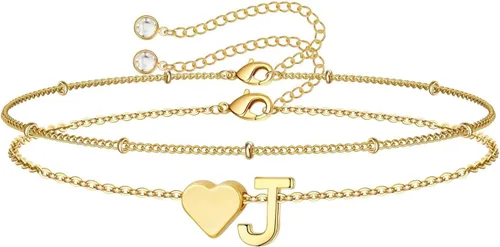 Vista 36 de M MOOHAM Pulseras de oro con inicial de corazón para mujer, pulseras con dije de letra A-Z de corazón dorado en capas para mujer, pulseras