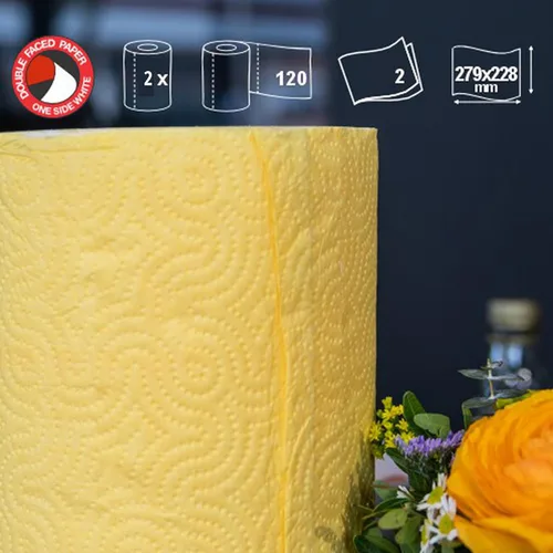Vista 2 de Renova - Juego de rollos de toallas de papel, 2 rollos, 2 capas, 120 hojas altamente absorbentes, eleva tu imagen con estilo profesional y Amarillo