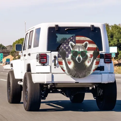 Vista 3 de Cubierta de neumático de repuesto de mapache con bandera estadounidense, a prueba de polvo, UV, cubierta de neumático para remolque, RV, SUV
