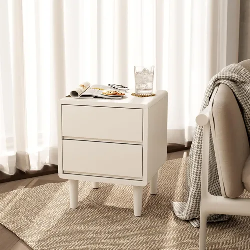 Vista 13 de Mesita de noche alta natural con 3 cajones, mesita de noche moderna de mediados de siglo con almacenamiento, mesita de noche de madera maciza