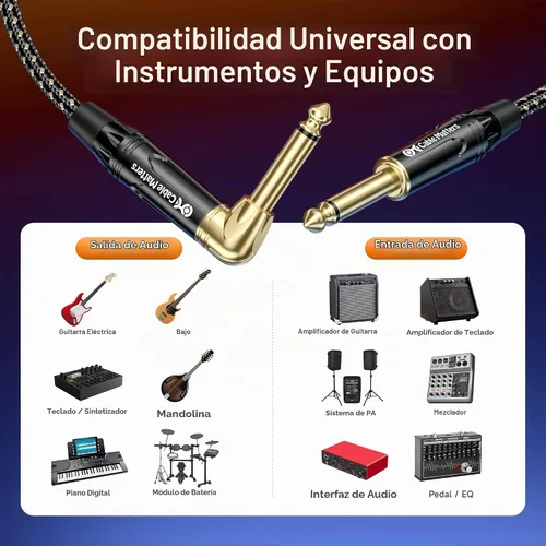 Vista 4 de Cable Matters Paquete de 2 cables trenzados para guitarra eléctrica TS en ángulo recto de 1/4 de pulgada, cable de guitarra recto a recto, cable