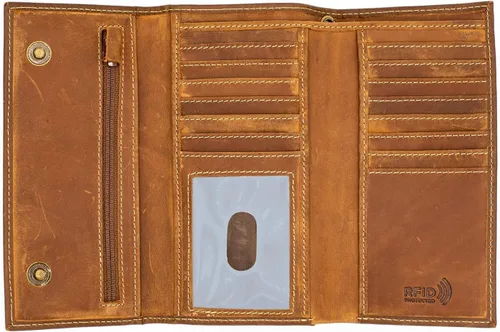 Vista 14 de Cartera larga de cuero genuino para hombre, triple cubierta de chequera, bloqueo RFID, múltiples ranuras para tarjetas, bolsillo con cremallera
