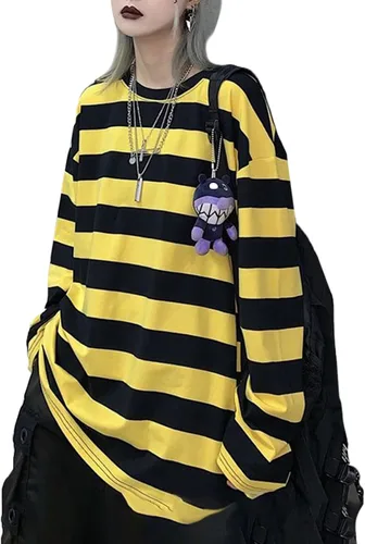 Vista 15 de Camiseta Harajuku de gran tamaño a rayas de manga larga con cuello redondo para mujer NegroGris