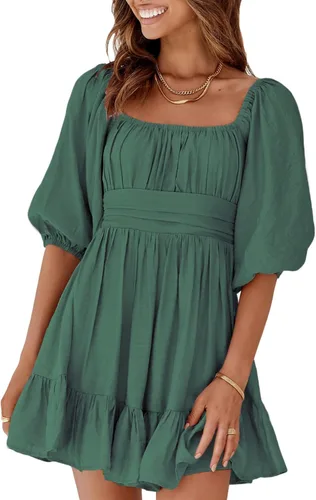 Vista 7 de Dokotoo Womens Summer Dresses Square Neck Lantern Sleeve Tie Backless Ruffle A-Line Casual Dress