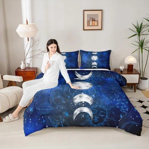 Vista 25 de Juego de edredón de champiñones para niños, tamaño individual, juego de ropa de cama romántica con sol, luna, cielo estrellado y galaxia, decoración