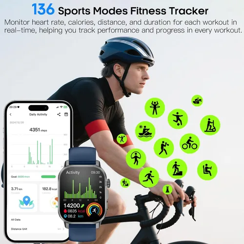 Vista 6 de Yowow BIT Reloj inteligente para hombres y mujeres con pantalla HD de 2.0 pulgadas, monitor de sueño de frecuencia cardíaca y oxígeno de presión