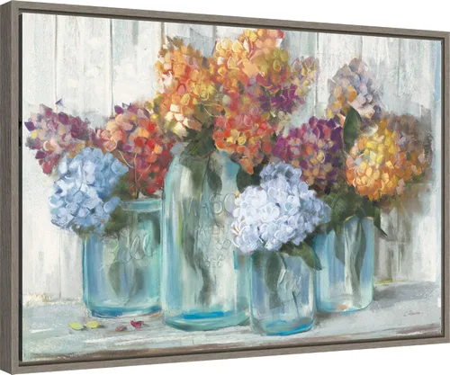 Vista 2 de Amanti Art Lienzo enmarcado para pared, hortensias de otoño en tarro de vidrio de Carol Rowan (23 pulgadas de ancho x 16 pulgadas de alto), marco