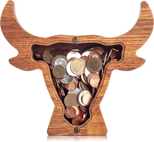 Vista 6 de BULL alcancía de madera para niño niña niño adulto Montessori waldorf juguete bebé cumpleaños regalo de Navidad tarro de punta caja de dinero regalo