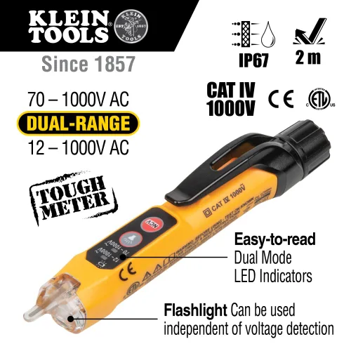 Vista 2 de Klein Tools NCVT3PKIT Kit de prueba eléctrica, probador de voltaje sin contacto de doble rango con linterna, probador de voltaje CA/CC