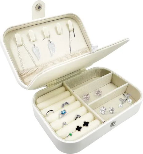 Vista 2 de CACASO Joyero organizador portátil de joyas de viaje de 2 capas caja de almacenamiento de joyas para mujer caja de joyería pequeña de piel sintética