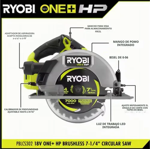 Vista 2 de RYOBI ONE+ HP - Sierra circular inalámbrica de 18 V, sin escobillas, 7-1/4 pulgadas (solo herramienta)