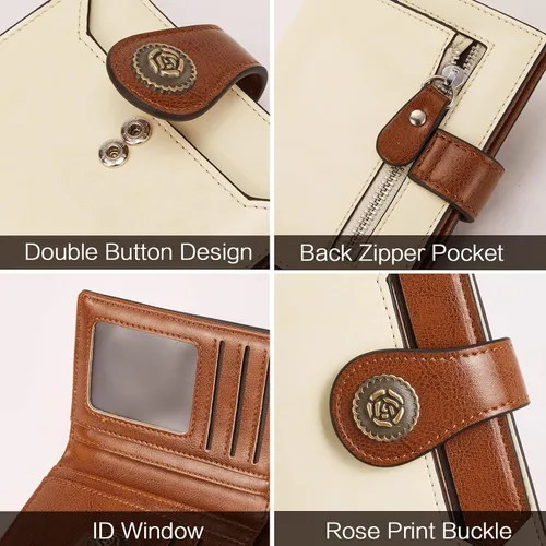 Vista 4 de BROMEN Billeteras pequeñas para mujer, con bloqueo RFID, de cuero, plegable, con cremallera, bolsillo para monedas, tarjetero con ventanas