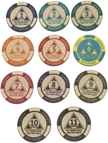 Vista 6 de 5 meses AA Chip Tercer Paso Oración en la parte posterior 150 Días Sobriedad Chip Mensual AA Monedas
