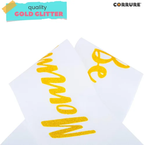 Vista 6 de CORRURE Banda para baby shower para niño o niña, banda con la frase "Mommy to Be" con hermosa cinta blanca y texto dorado con purpurina, ideal