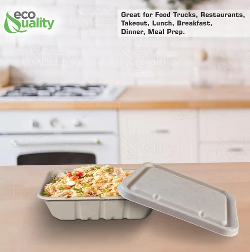 Vista 6 de EcoQuality Cuencos desechables de 40 onzas con tapas de fibra, cuencos rectangulares de papel biodegradable de fibra de caña de azúcar compostable