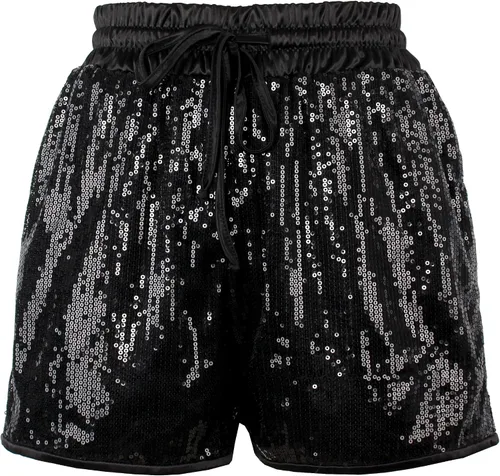 Vista 5 de PESION Pantalones cortos de lentejuelas para mujer, cintura alta, casual, holgados, acampanados, brillantes, para discoteca