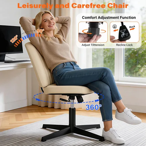 Vista 7 de PayLessHere Silla cruzada Beige Silla de escritorio ancha y sin brazos sin ruedas 360 giratoria, altura ajustable y base de metal estable