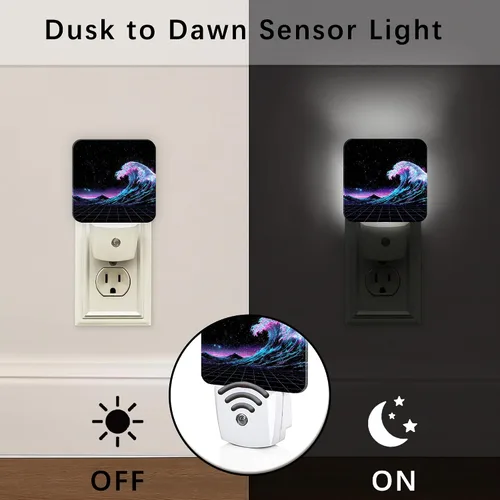 Vista 2 de Waves Night Lights Plug Into Wall, Retro Futuristic Stars Mountains Summer Blue Smart Led Plug in Night Lights for Wall Socket for Bedroom Kids Room