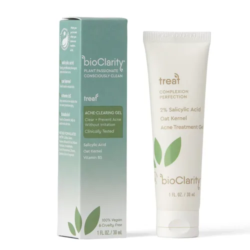 Vista 2 de bioClarity Gel de tratamiento para el acné 2% ácido salicílico + núcleo de avena hidratante 100% vegano, ingredientes limpios 1 onza líquida