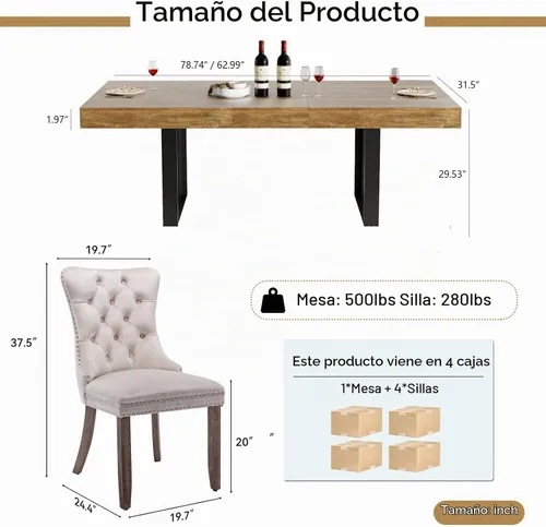 Vista 3 de Juego de mesa de comedor extensible de 5 piezas para 4, mesa de cocina de madera marrón de 63-78.7 pulgadas con 4 sillas acolchadas beige, juego