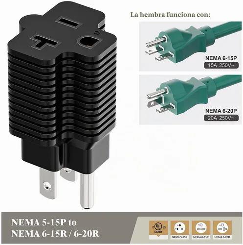 Vista 6 de Nema Adaptador de enchufe de 15 amperios a 20 amperios con certificación ETL NEMA 5-15P a 5-15/20R (peine de 20 amperios T Blade) 15 Amp enchufe