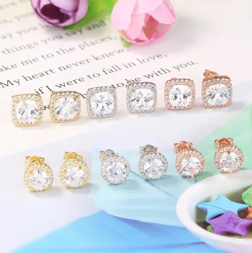 Vista 2 de Udalyn 6 pares de aretes tipo halo para mujer chapados en oro blanco de 18 quilates y oro rosa redondos cuadrados con circonita cúbica brillante