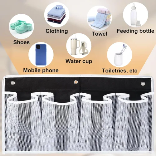 Vista 4 de Pndeyo Organizadores de zapatos colgantes para cama con 3 ganchos, 4 bolsillos de malla para colgar en la mesita de noche, bolsillos