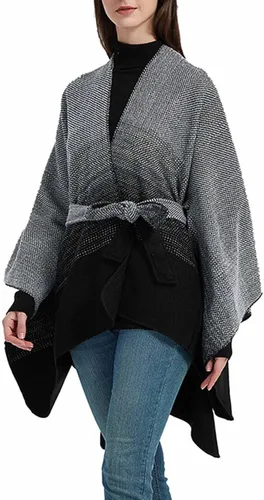 Vista 6 de Suéter para mujer abrigo tipo capa de murciélago con cinturón kimono drapeado amplio dobladillo alto y bajo cárdigan con cinturón