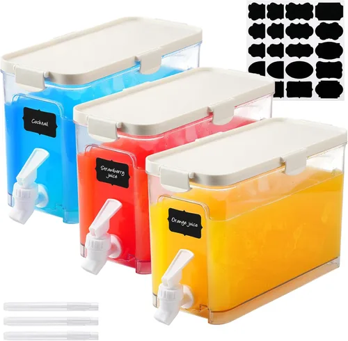 Vista 8 de Mumufy Juego de 3 dispensadores de bebidas de plástico para fiestas, dispensador de bebidas para refrigerador con espita recipiente de limonada