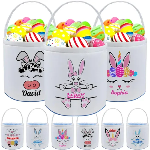 Vista 19 de Cesta de Pascua personalizada con nombre para niños, lona personalizada, cubo de Pascua, regalo para niños y niñas