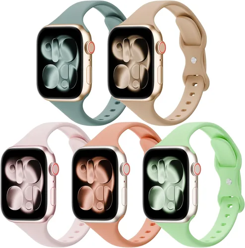 Vista 22 de Paquete de 5 bandas de silicona delgadas compatibles con Apple Watch de 38mm 42mm 40mm 44mm 41mm 45mm 46mm 49mm, correa deportiva estrecha y delgada