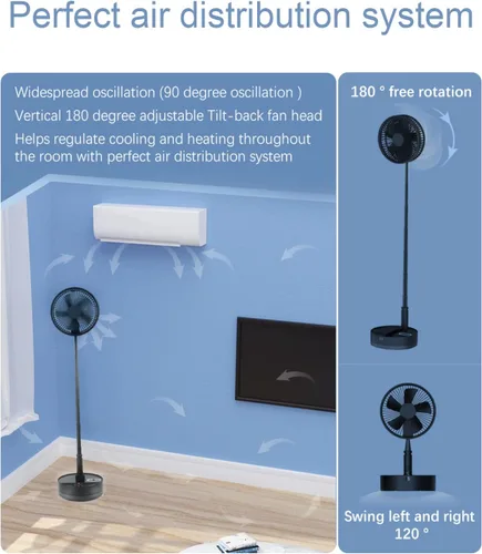 Vista 5 de UN UNITEDTIME Ventilador plegable oscilante plegable con control remoto, ventiladores a batería de 10800 mAh, portátil para exteriores, patio