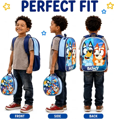 Vista 2 de Fast Forward Bluey - Mochila infantil de 15 pulgadas con juego de lonchera Almuerzo redondo Bluey Blue