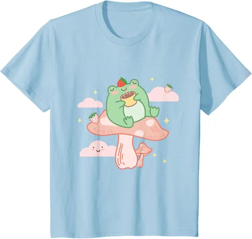 Vista 12 de Kawaii Strawberry Frog On Mushroom - Camiseta de manga corta de anime, Azul / Patchwork, S Azul Pastel