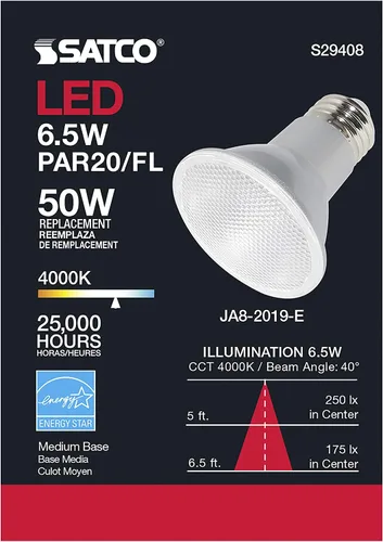 Vista 6 de Satco S29408 6.5 vatios; LED PAR20; 4000 K; paquete de 24 cumple con California