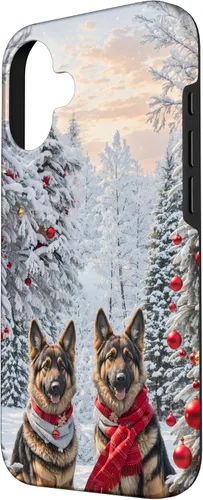 Vista 2 de iPhone 16 Lindo perro pastor alemán en paisaje nevado feliz Navidad caso
