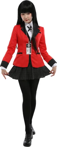 Vista 5 de Cosplay.fm Disfraz de anime para mujer, uniforme escolar, falda de pata de gallo con collar de tarjeta de identificación
