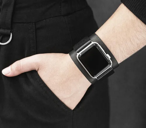 Vista 2 de Correa ancha de cuero compatible con Apple Watch de 1.496 in 1.575 in 1.614 in 1.654 in 1.732 in 1.772 in 1.811 in 1.929 in, hecho a mano UA 1540