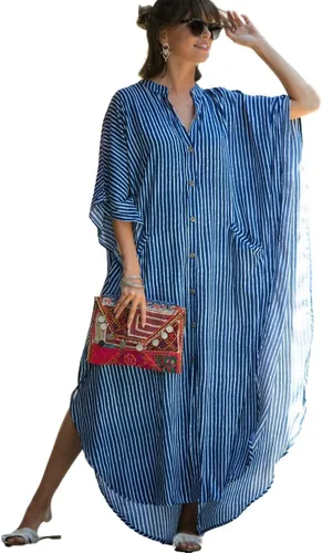 Vista 13 de RanRui Vestido de caftán de manga corta con cuello en V para mujer con bolsillo Caftanes Estampado (Flower Print)