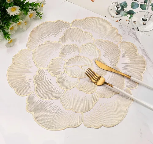 Vista 10 de Juego de 6 manteles individuales redondos dorados, manteles individuales de vinilo prensado floral lavable para mesa de comedor, boda, decoración