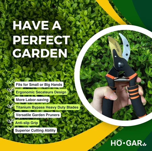 Vista 3 de HO.GAR Kit de tijeras de podar de titanio de alta calidad: podadoras manuales profesionales resistentes, tijeras de jardinería, tijeras ergonómicas.