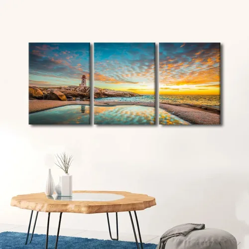 Vista 2 de TFIAVSIN 3 paneles de arte para pared, impresión en lienzo con diseño de faro de Peggy's Cove, puesta de sol, vista al océano, paisaje, cuadro